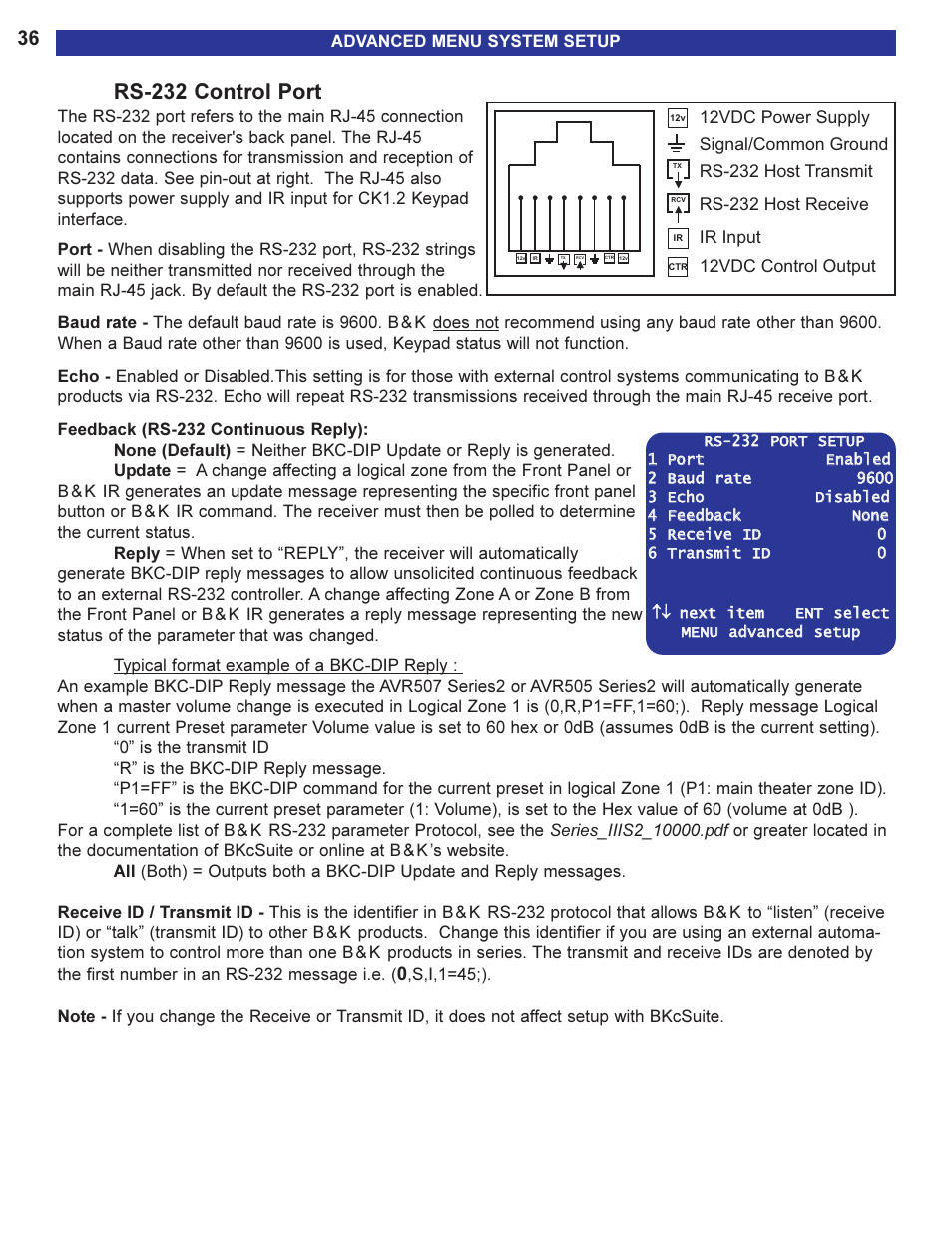 Rs-232 control port, Ad can also be connected to the rj-45 jack | B&K AVR505 SERIES 2 User Manual | Page 38 / 64