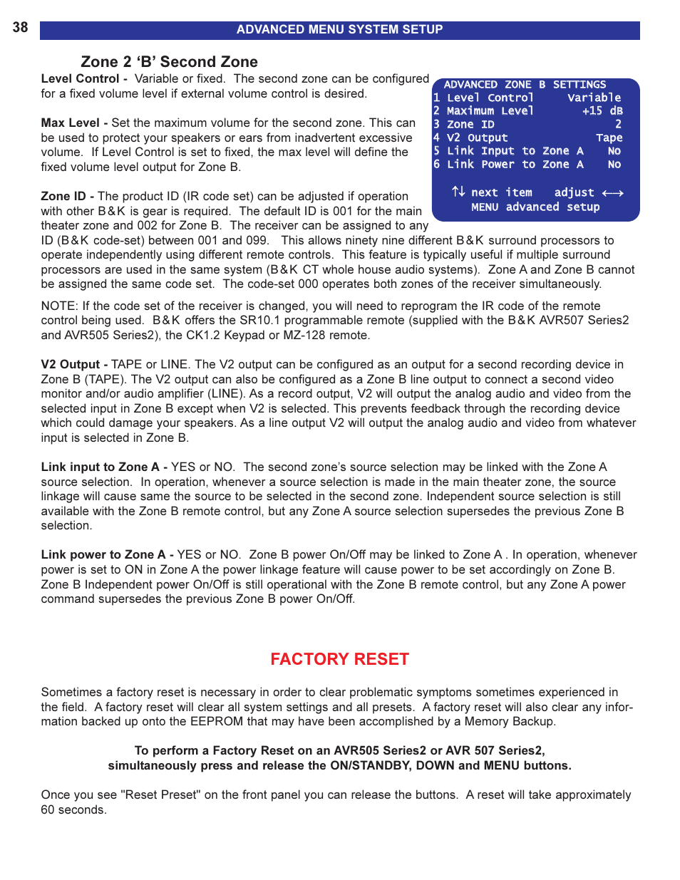 Zone 2 ‘b’ second zone, Factory reset, Configure the v2 output, see | B&K AVR505 SERIES 2 User Manual | Page 40 / 64