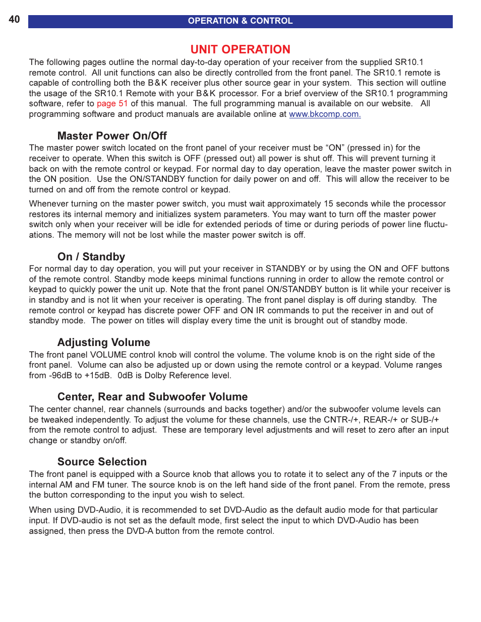 Unit operation, Master power on / off, On / standby | Adjusting volume, Center, rear and subwoofer v, Source selection, Center, rear and subwoofer volume, The unit operation section, Of this manual document | B&K AVR505 SERIES 2 User Manual | Page 42 / 64