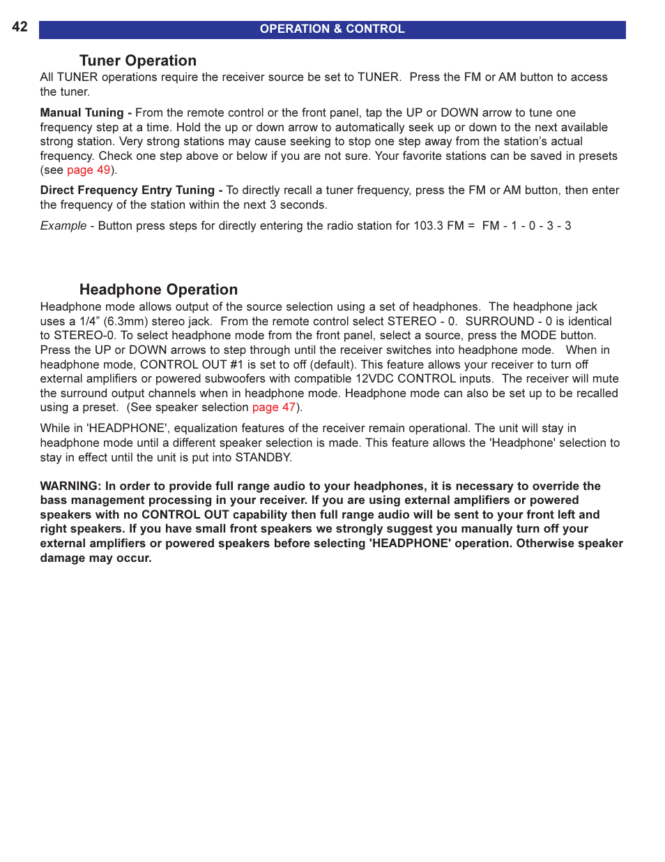 Tuner operation, Headphone operation | B&K AVR505 SERIES 2 User Manual | Page 44 / 64