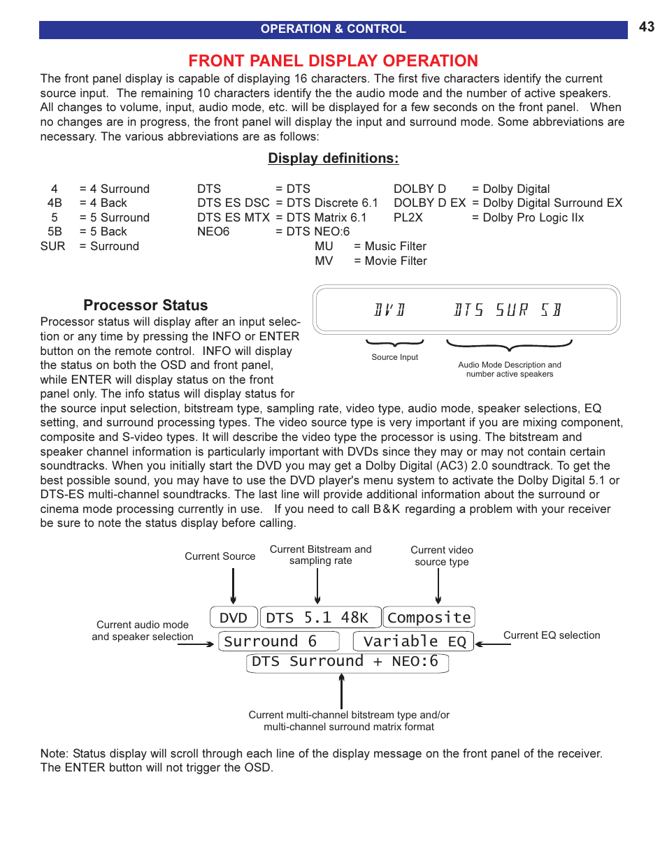 Front panel display operatio, Processor status, Front panel display operation | B&K AVR505 SERIES 2 User Manual | Page 45 / 64