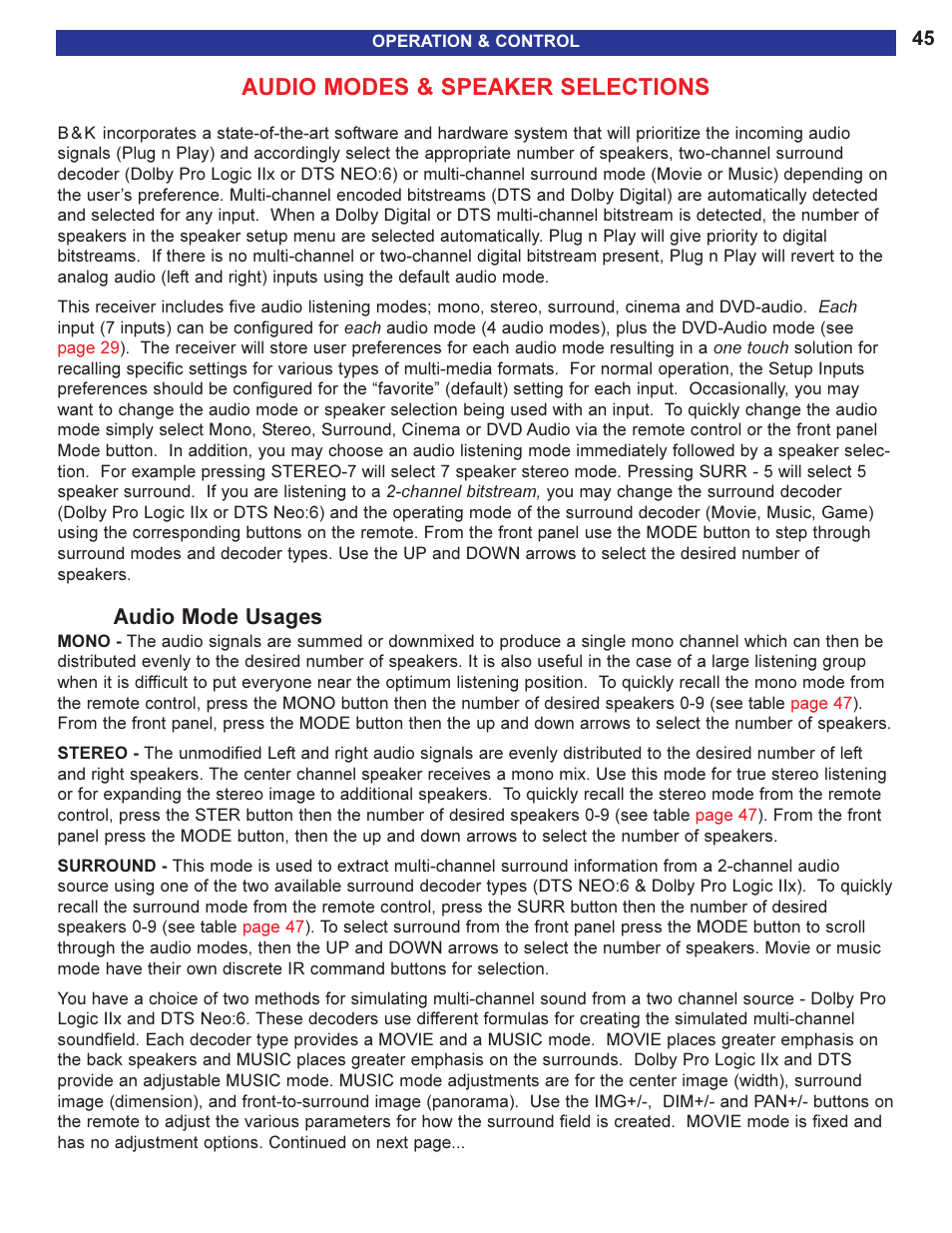 Audio modes & speaker select, Audio mode usages, Audio modes & speaker selections | Music mode. see, For a description of what these settings do, Memory backup/restore | B&K AVR505 SERIES 2 User Manual | Page 47 / 64