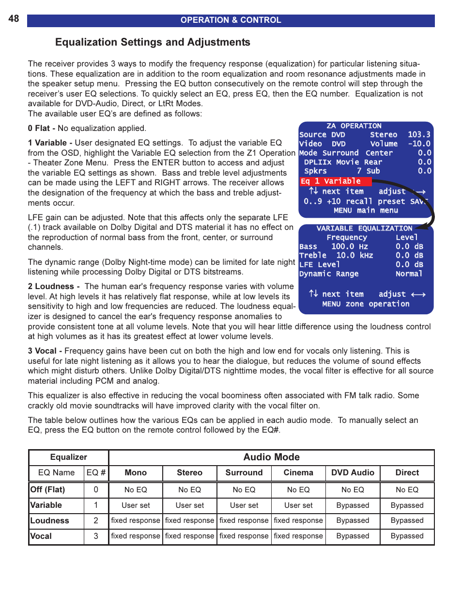 Equalization settings and ad, Equalization settings and adjustments, Audio mode | B&K AVR505 SERIES 2 User Manual | Page 50 / 64