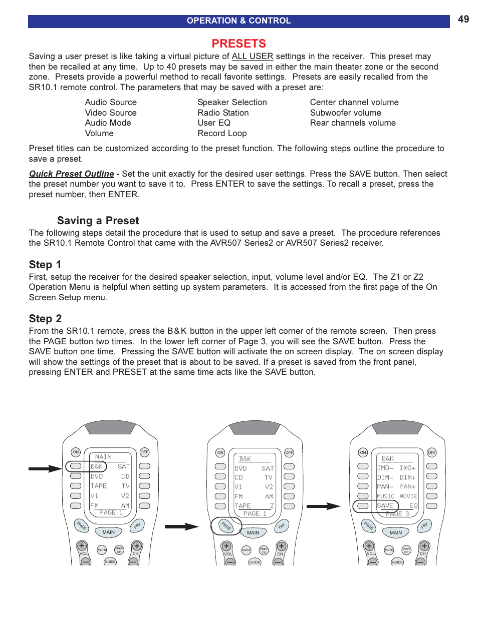 Presets, Saving a preset, Ve button. see | Step 1, Step 2, Operation & control | B&K AVR505 SERIES 2 User Manual | Page 51 / 64