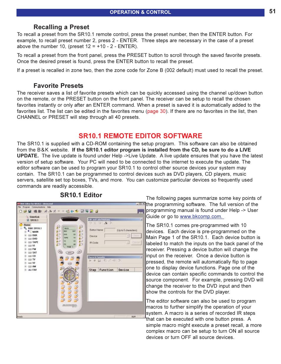 Recalling a preset, Favorite presets, Sr10.1 remote editor softwar | Sr10.1 remote editor software, For instructions on programming the sr10.1 see | B&K AVR505 SERIES 2 User Manual | Page 53 / 64