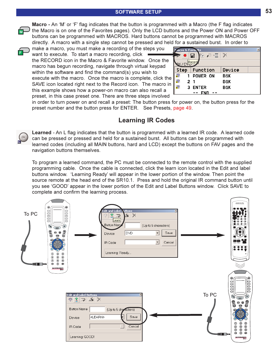 Learning ir codes, Software setup | B&K AVR505 SERIES 2 User Manual | Page 55 / 64