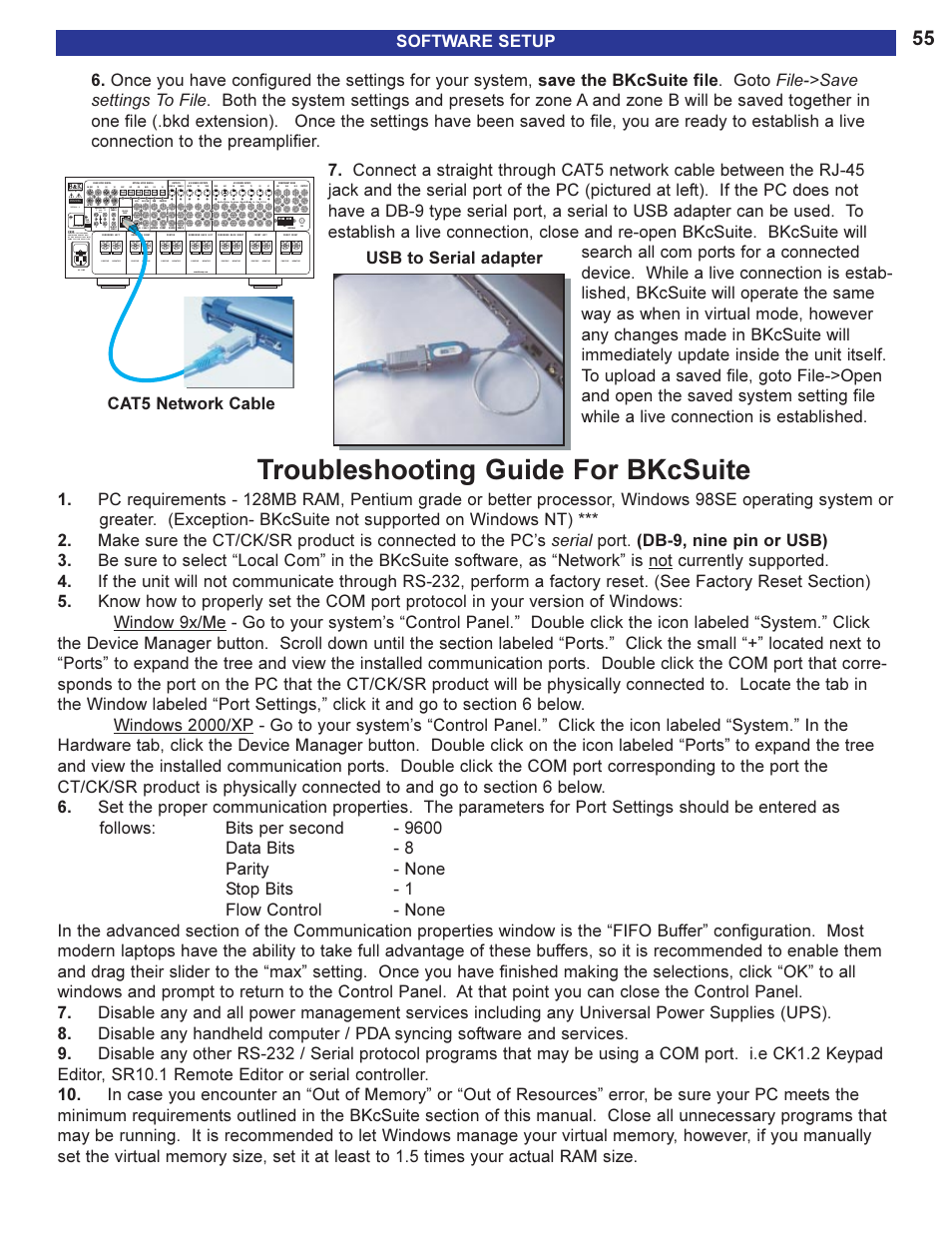Troubleshooting guide for bk, Troubleshooting guide for bkcsuite, Usb to serial adapter cat5 network cable | B&K AVR505 SERIES 2 User Manual | Page 57 / 64