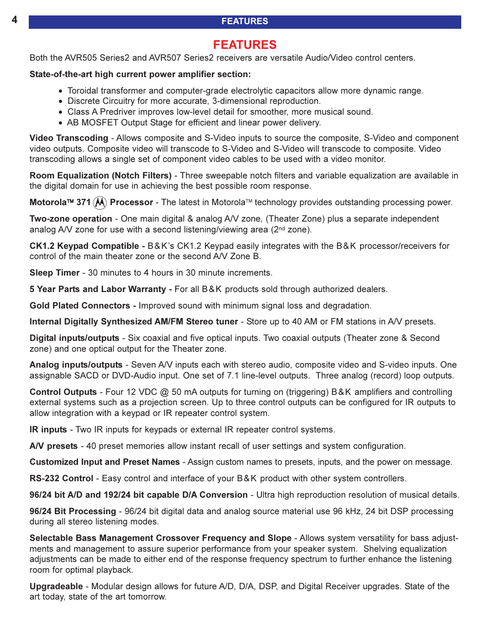 Features | B&K AVR505 SERIES 2 User Manual | Page 6 / 64