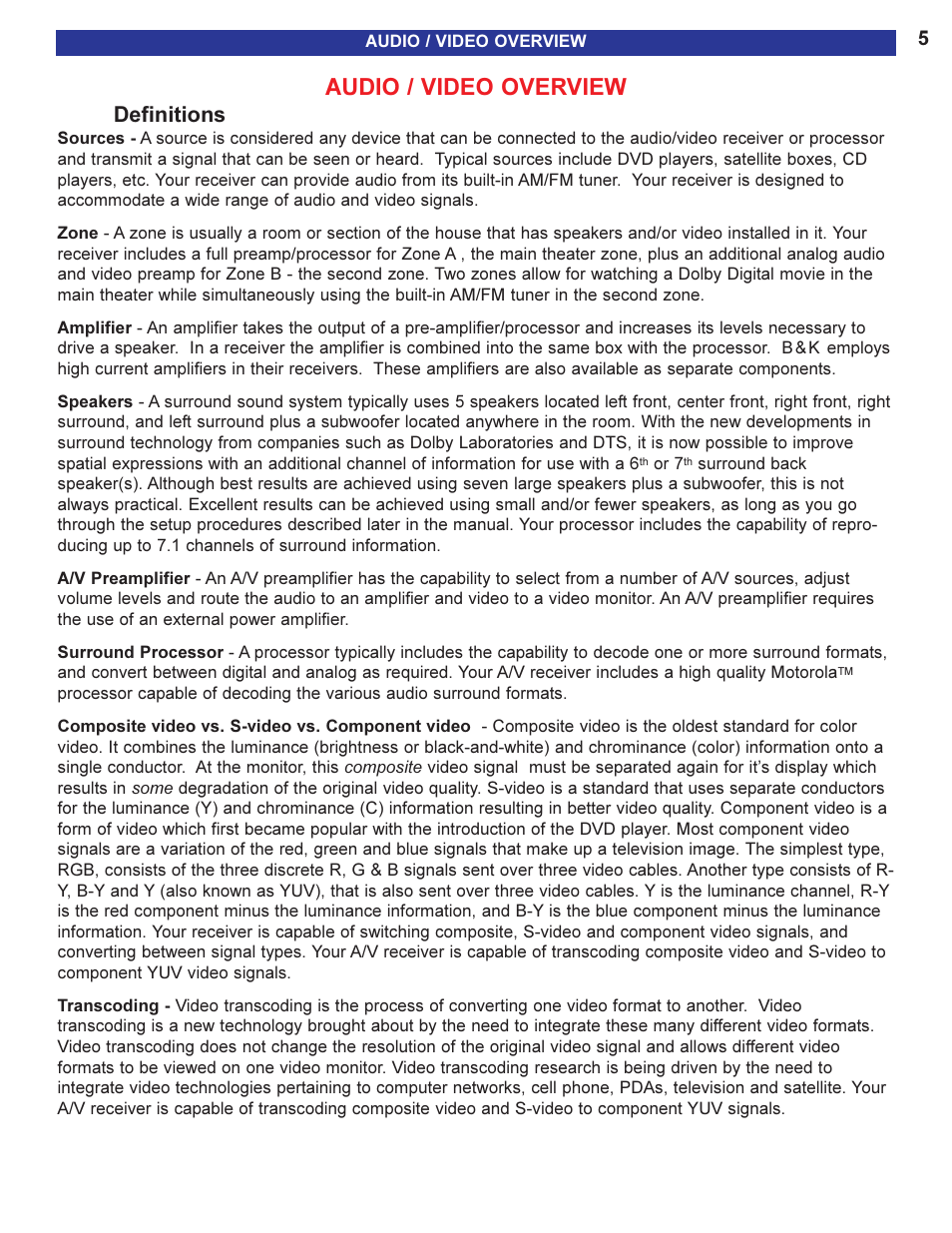 Audio overview, Audio / video overview, Definitions | B&K AVR505 SERIES 2 User Manual | Page 7 / 64