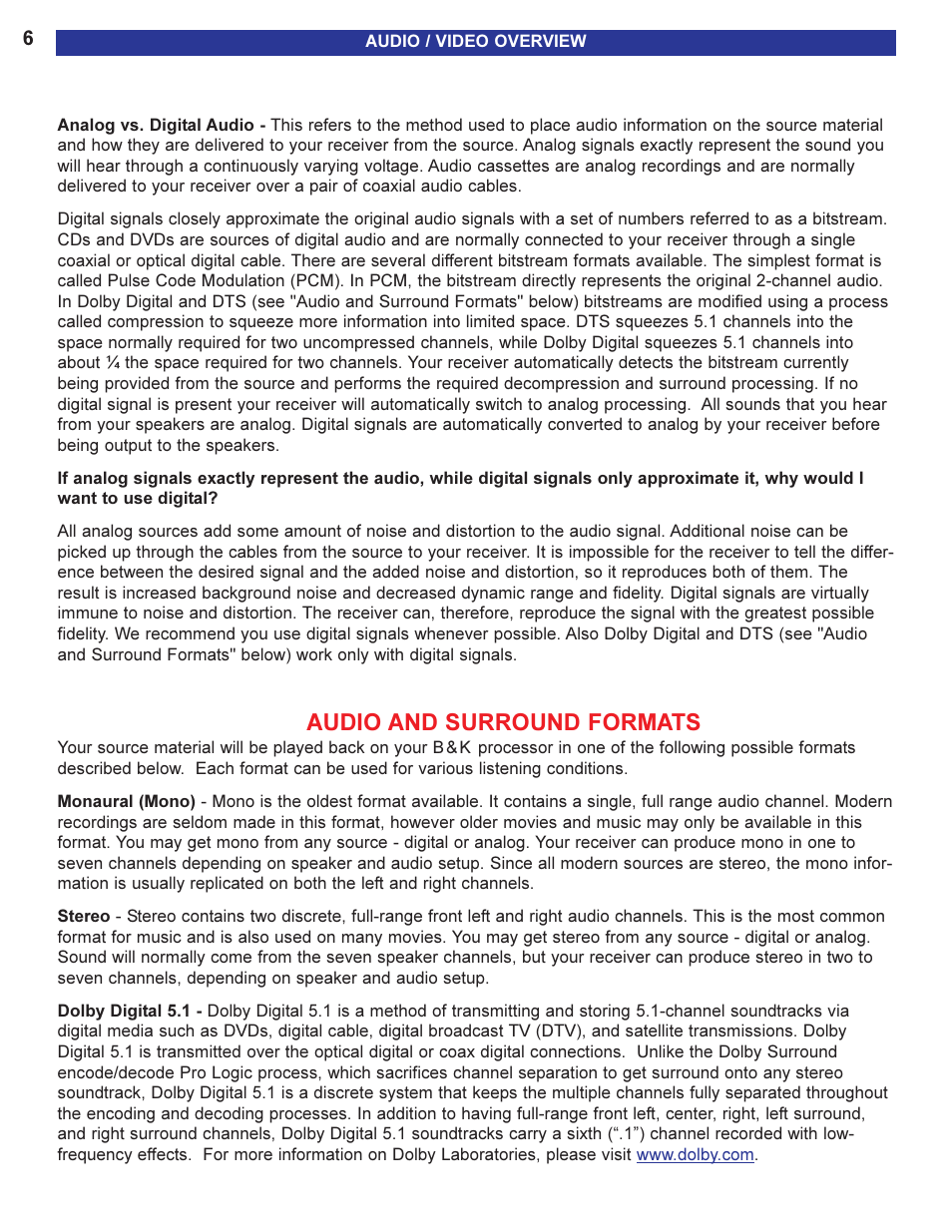 Audio and surround formats | B&K AVR505 SERIES 2 User Manual | Page 8 / 64