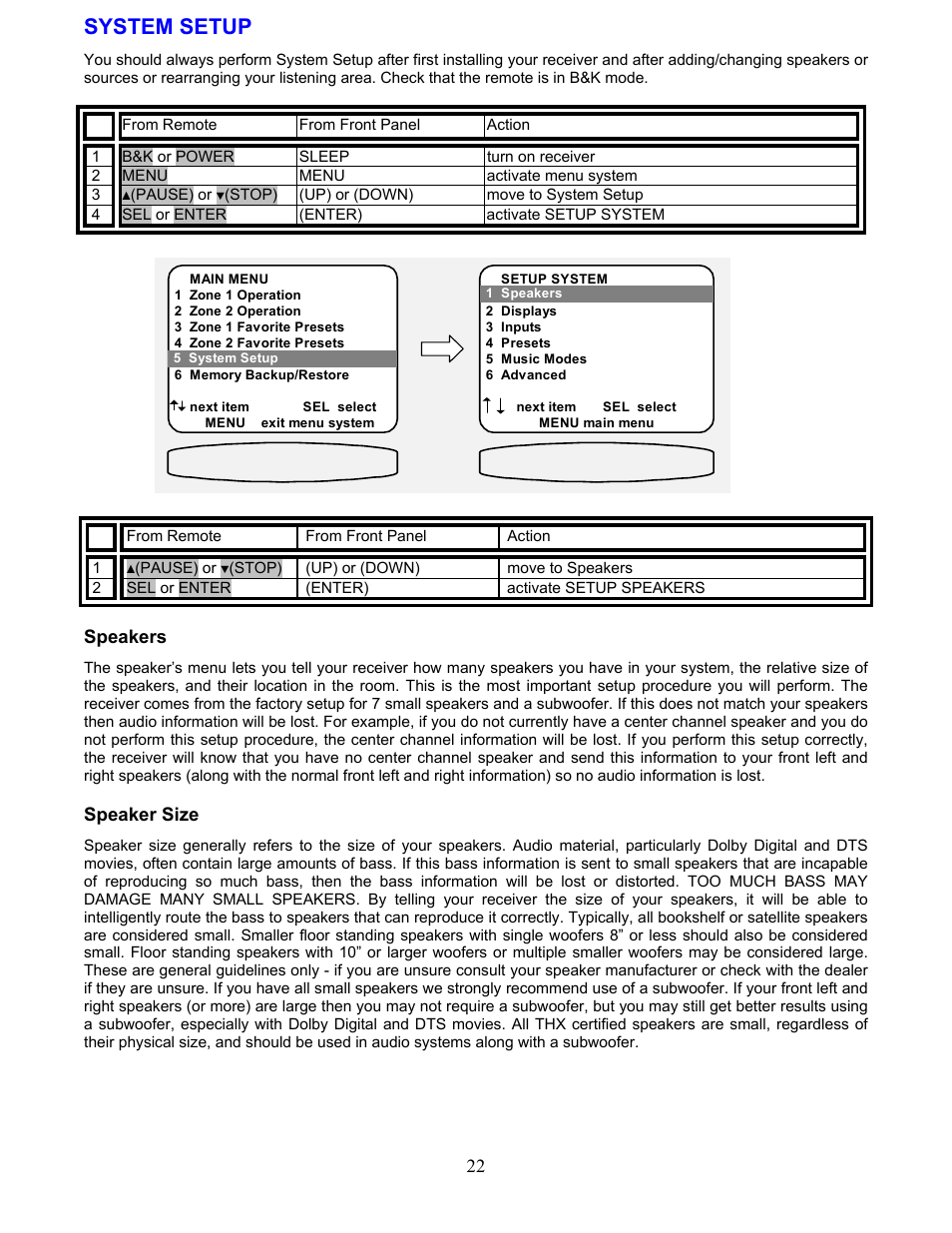 System setup, Speakers, Speaker size | B&K AVR212 User Manual | Page 26 / 88