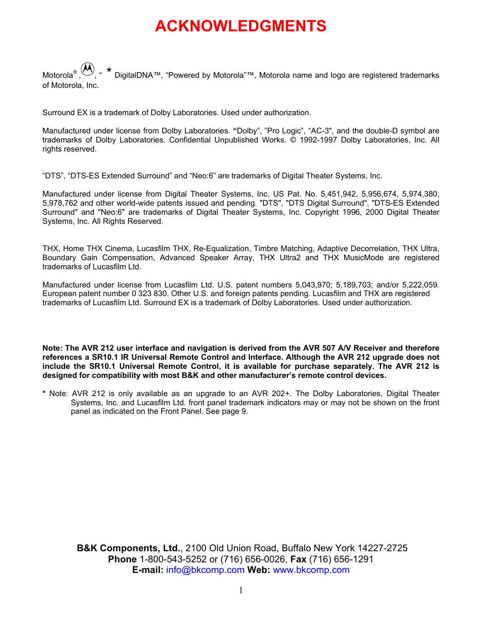 Acknowledgments | B&K AVR212 User Manual | Page 5 / 88
