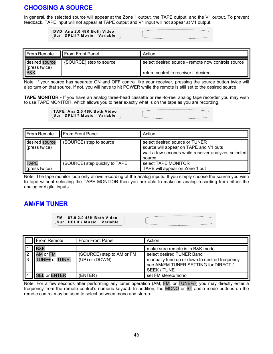 Choosing a source, Am/fm tuner | B&K AVR212 User Manual | Page 50 / 88