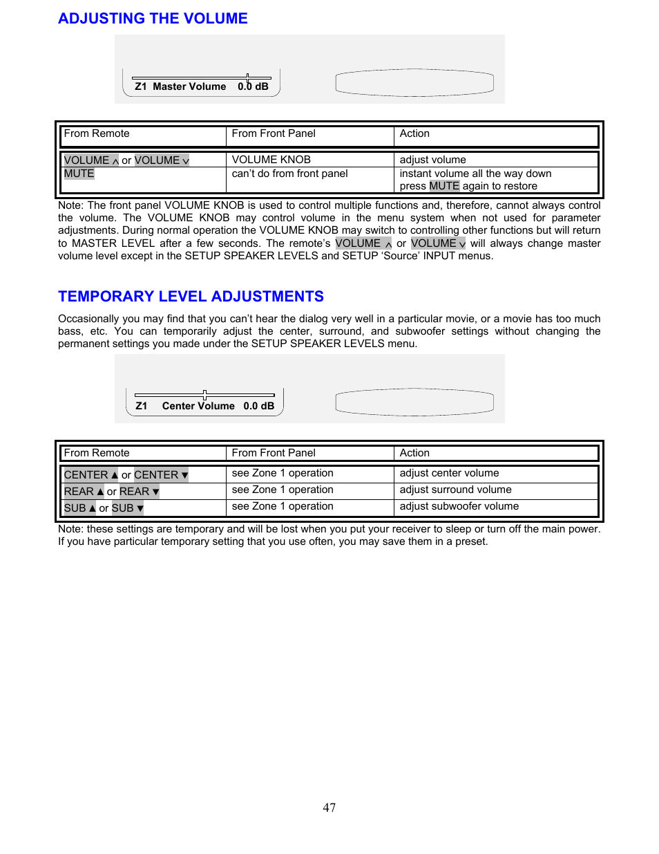 Adjusting the volume, Temporary level adjustments | B&K AVR212 User Manual | Page 51 / 88
