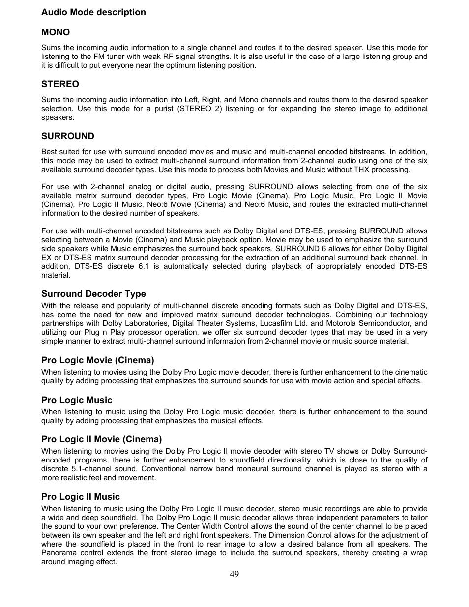 Mono, Stereo, Surround | Surround decoder type, Pro logic movie (cinema), Pro logic music, Pro logic ii movie (cinema), Pro logic ii music | B&K AVR212 User Manual | Page 53 / 88
