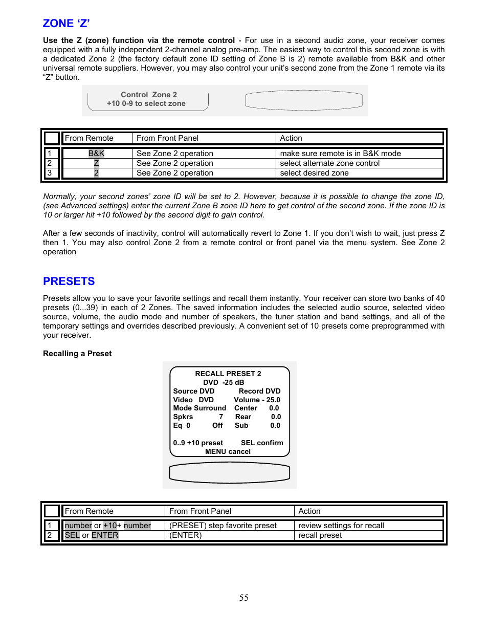 Zone ‘z, Presets, See presets | B&K AVR212 User Manual | Page 59 / 88