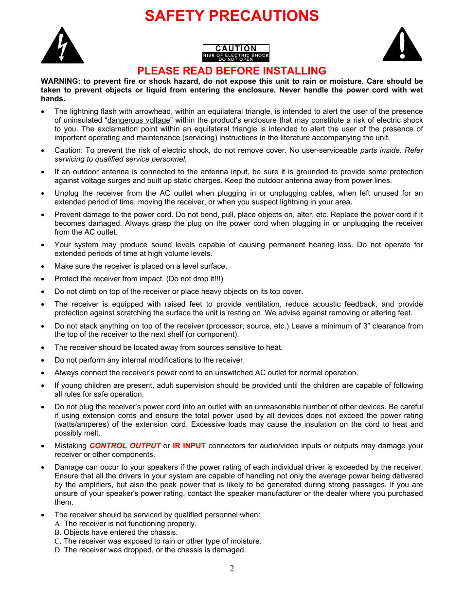 Safety precautions, Please read before installing | B&K AVR212 User Manual | Page 6 / 88