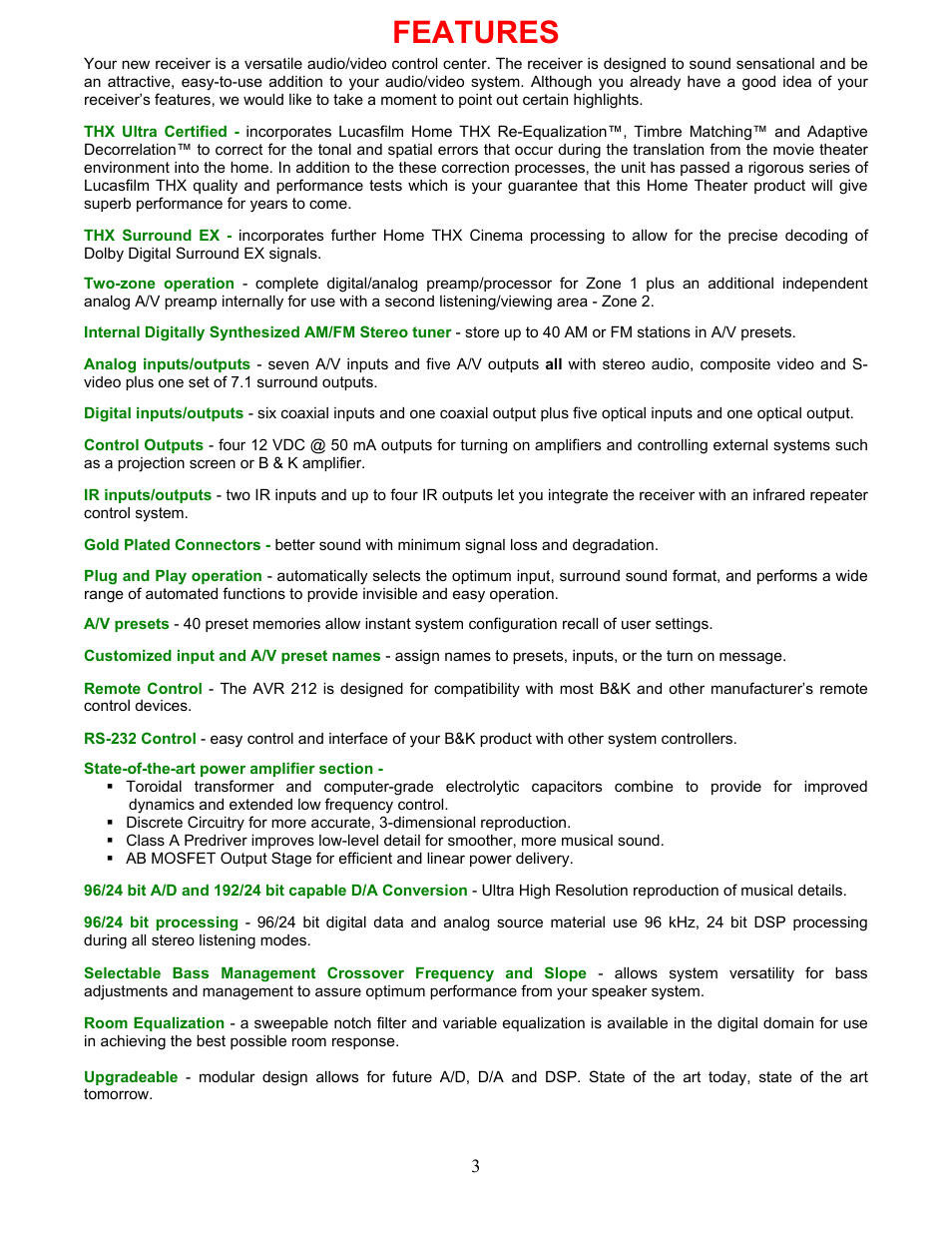 Features | B&K AVR212 User Manual | Page 7 / 88