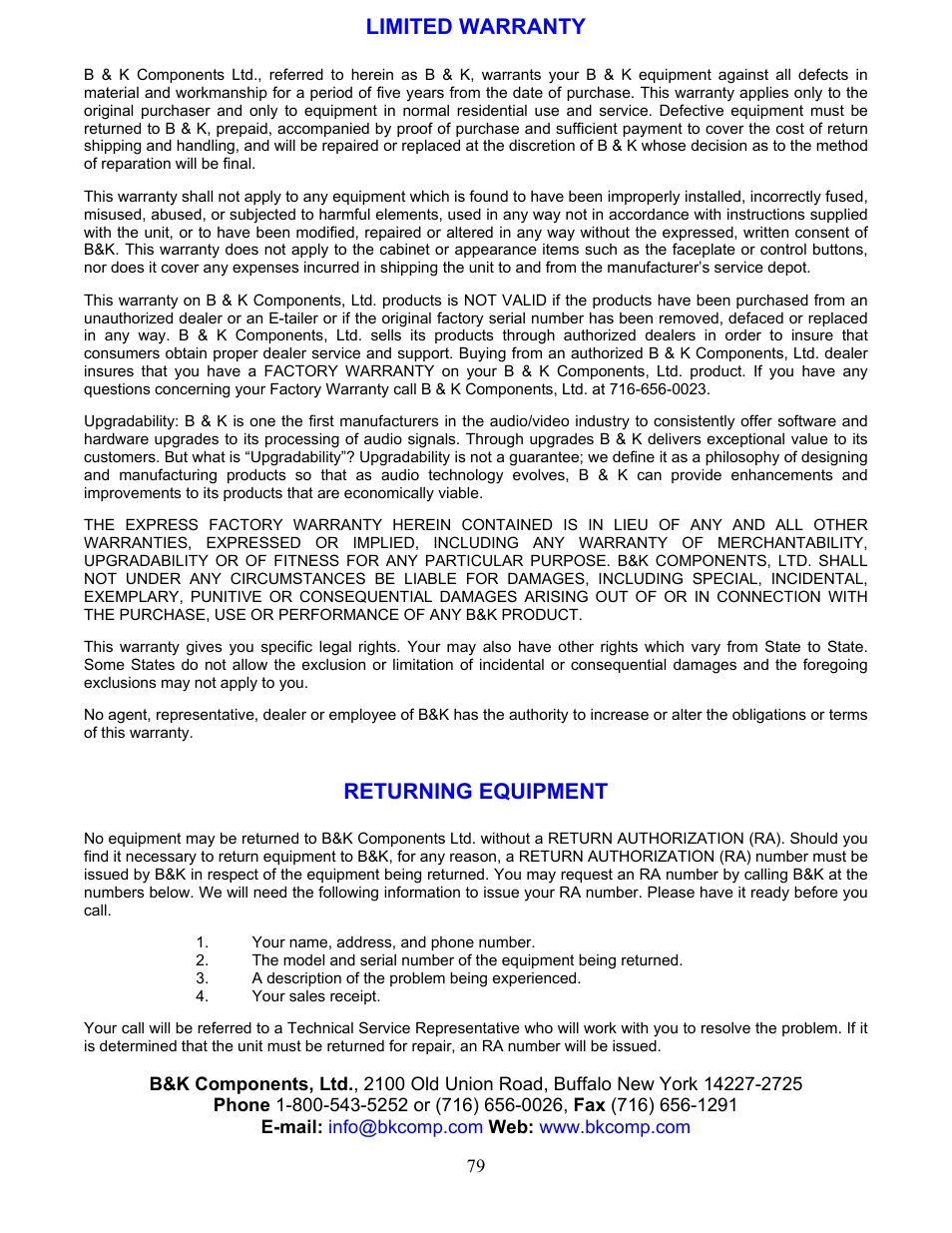 Limited warranty, Returning equipment | B&K AVR212 User Manual | Page 83 / 88