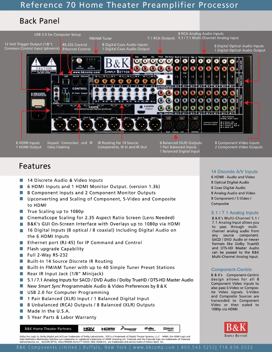 Reference 70 home theater preamplifier processor, Back panel, Features | Smart sync | B&K REF 70 User Manual | Page 2 / 2