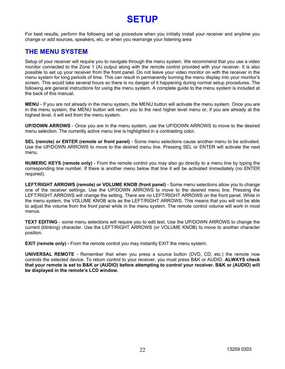 Setup, The menu system | B&K AVR202 Plus User Manual | Page 25 / 84