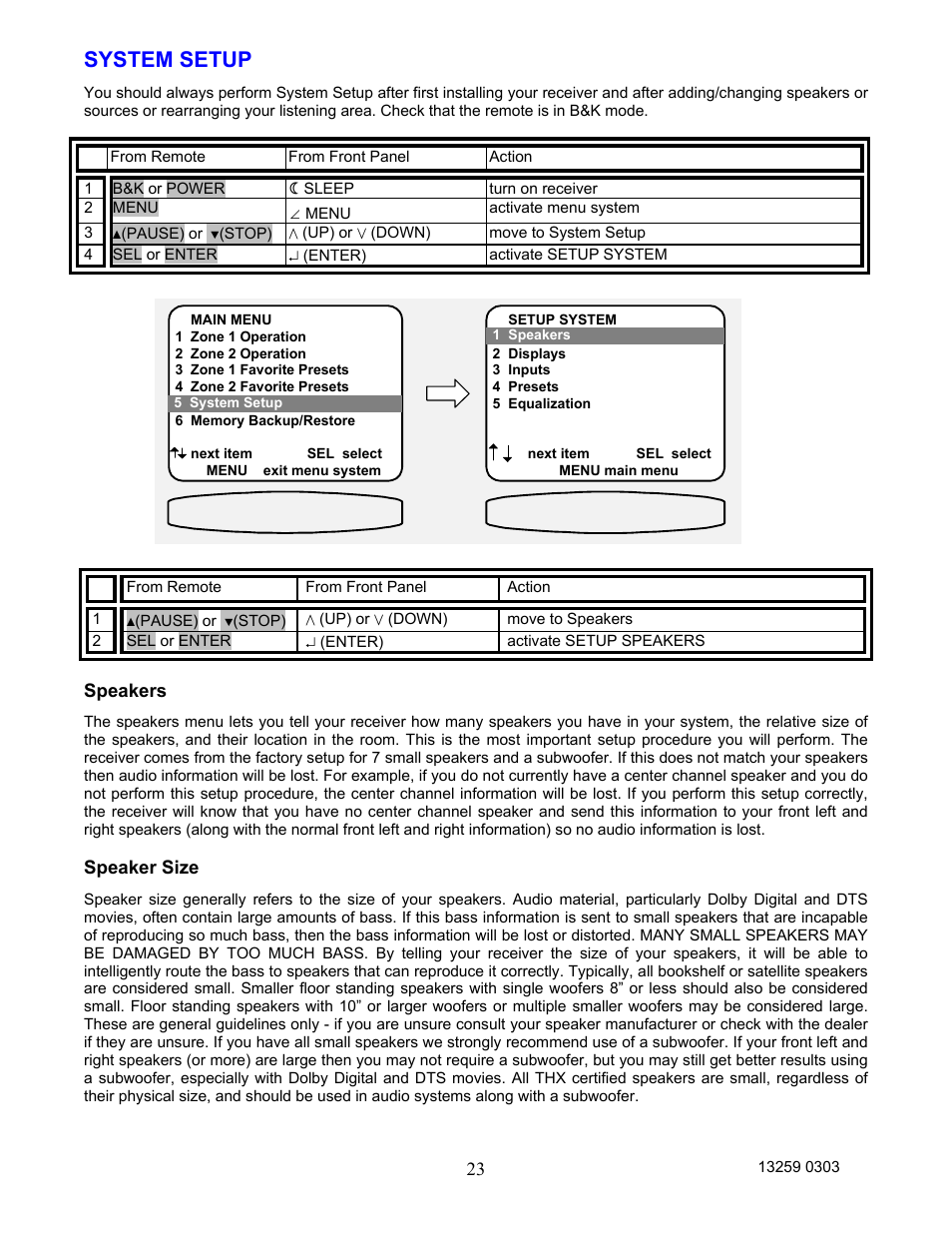System setup, Speakers, Speaker size | B&K AVR202 Plus User Manual | Page 26 / 84