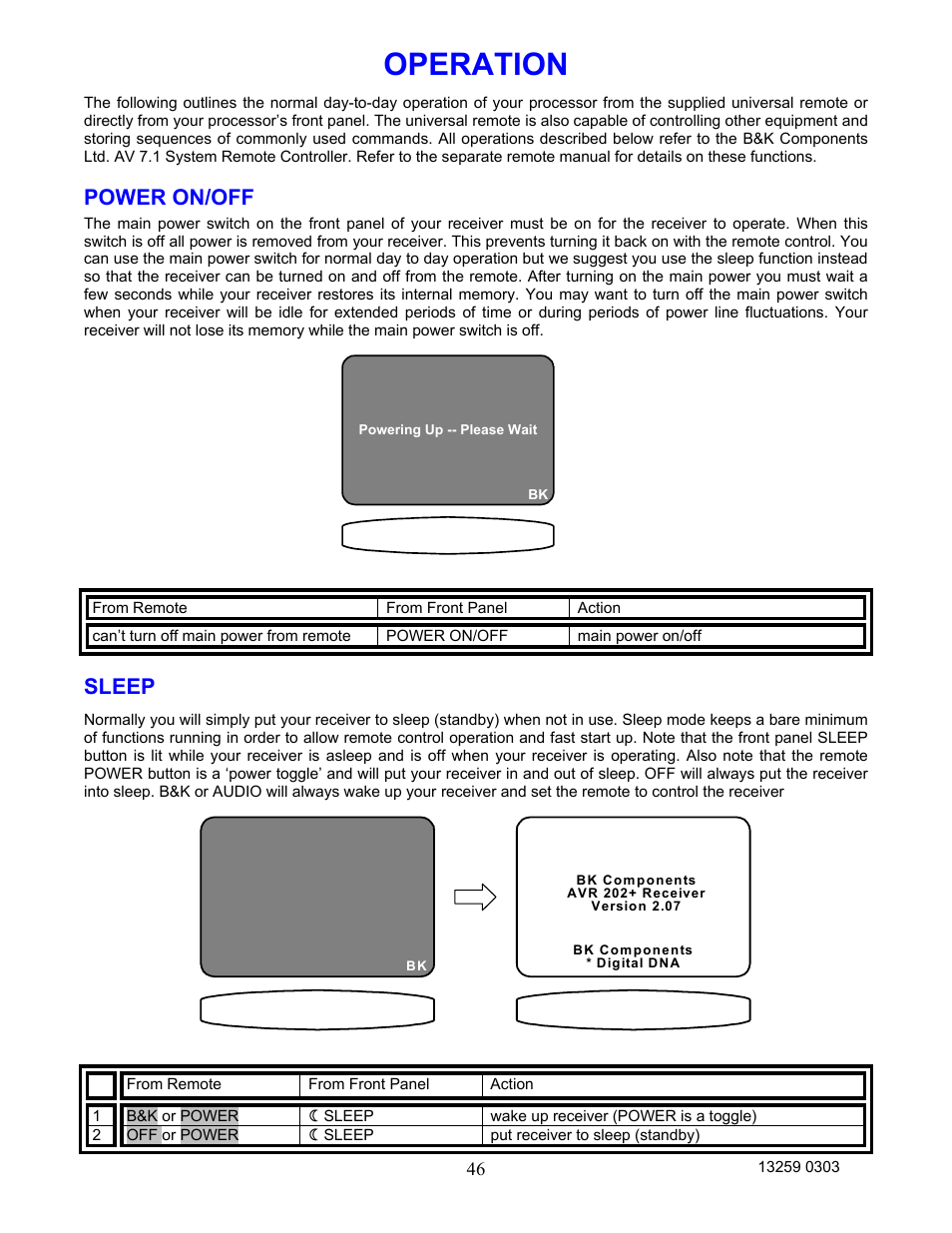 Operation, Power on/off, Sleep | B&K AVR202 Plus User Manual | Page 49 / 84