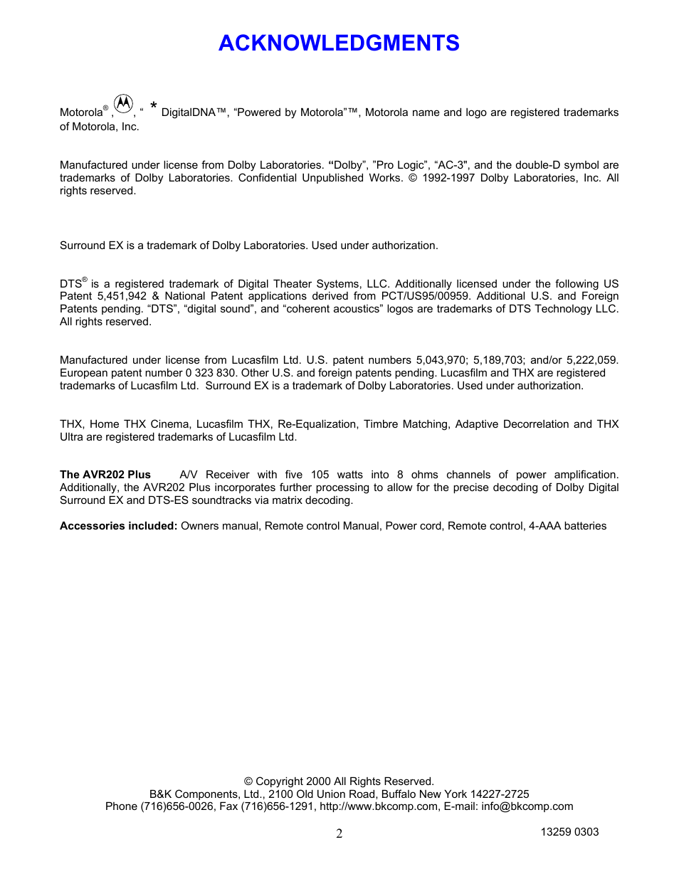 Acknowledgments | B&K AVR202 Plus User Manual | Page 5 / 84
