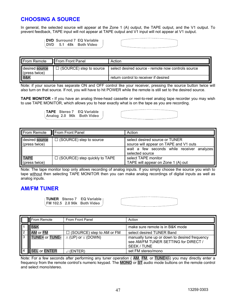 Choosing a source, Am/fm tuner | B&K AVR202 Plus User Manual | Page 50 / 84