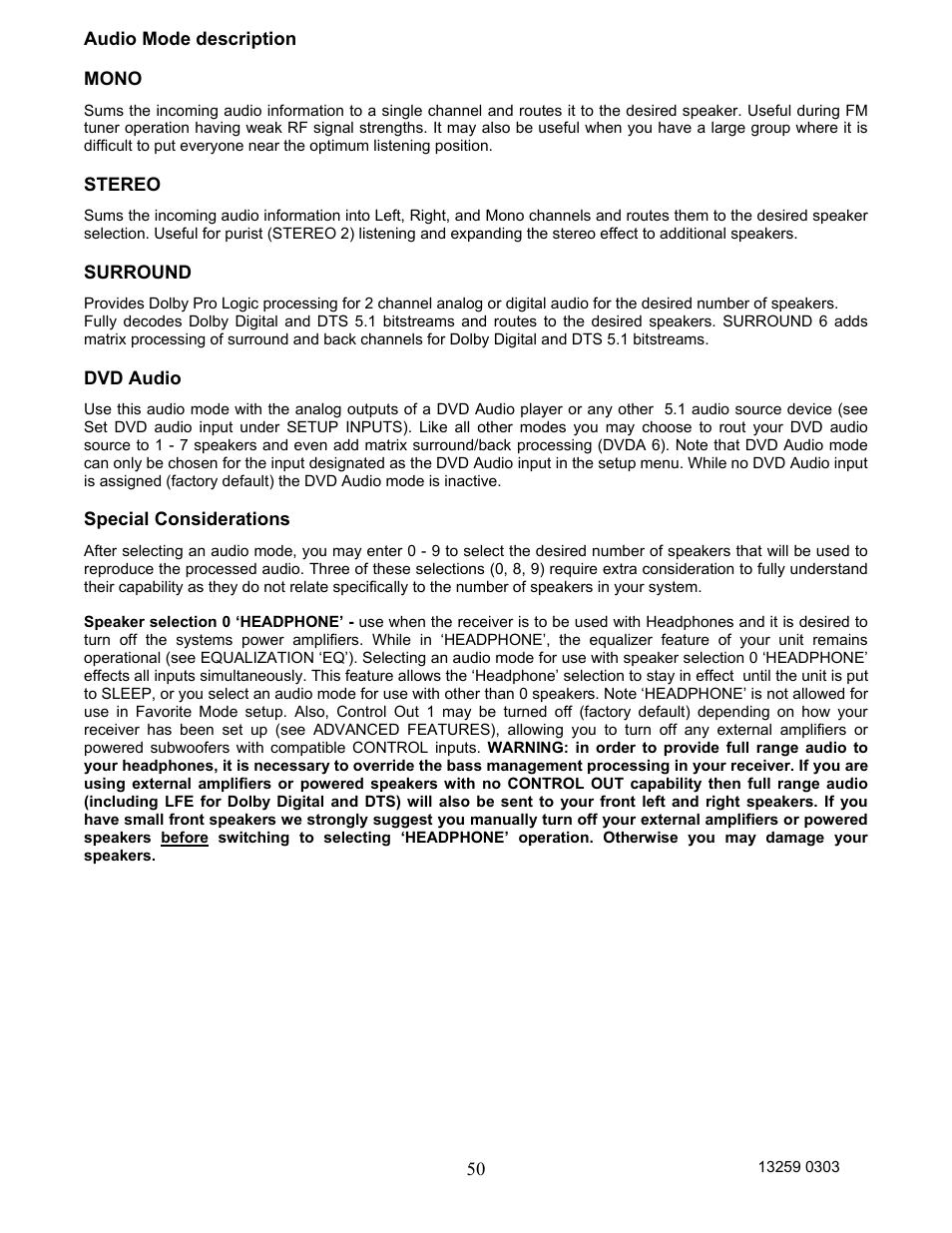 Mono, Stereo, Surround | Dvd audio, Special considerations, 50 audio mode description | B&K AVR202 Plus User Manual | Page 53 / 84