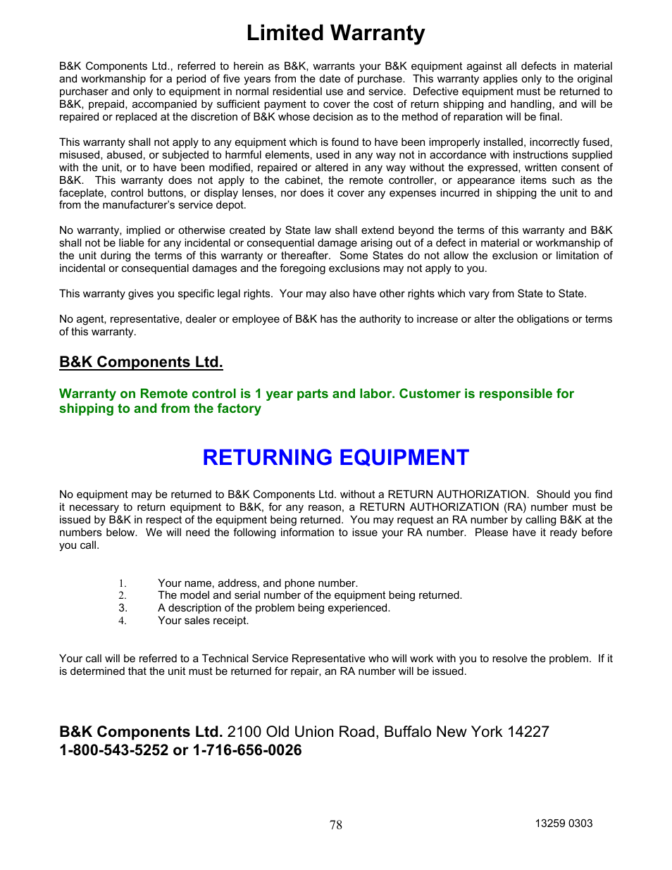 Returning equipment, Limited warranty | B&K AVR202 Plus User Manual | Page 81 / 84