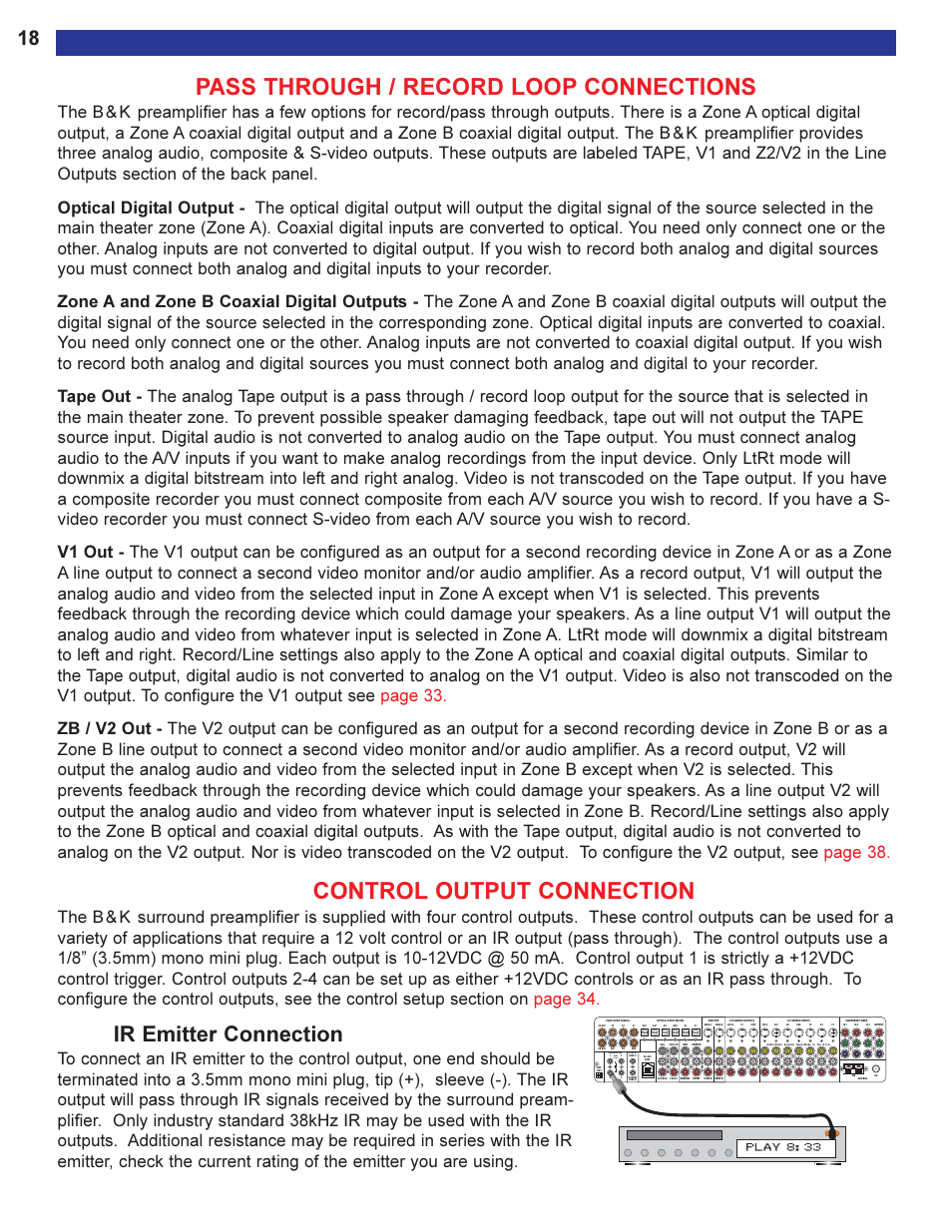 Pass through / record loop c, Control output connection, Ir emitter connection | Pass through / record loop connections, 1/8" (3.5mm) mono mini plug. trigger output, A/v source record outputs, Or zone b recording, 12vdc 50 ma | B&K Series 2 User Manual | Page 20 / 64