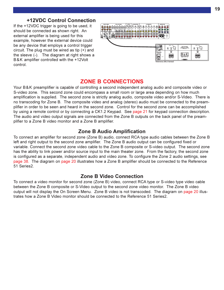 12vdc control connection, Zone b connections, Zone b audio amplification | Zone b video connection | B&K Series 2 User Manual | Page 21 / 64