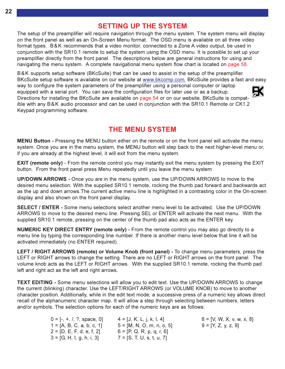Setting up the system, The menu system | B&K Series 2 User Manual | Page 24 / 64