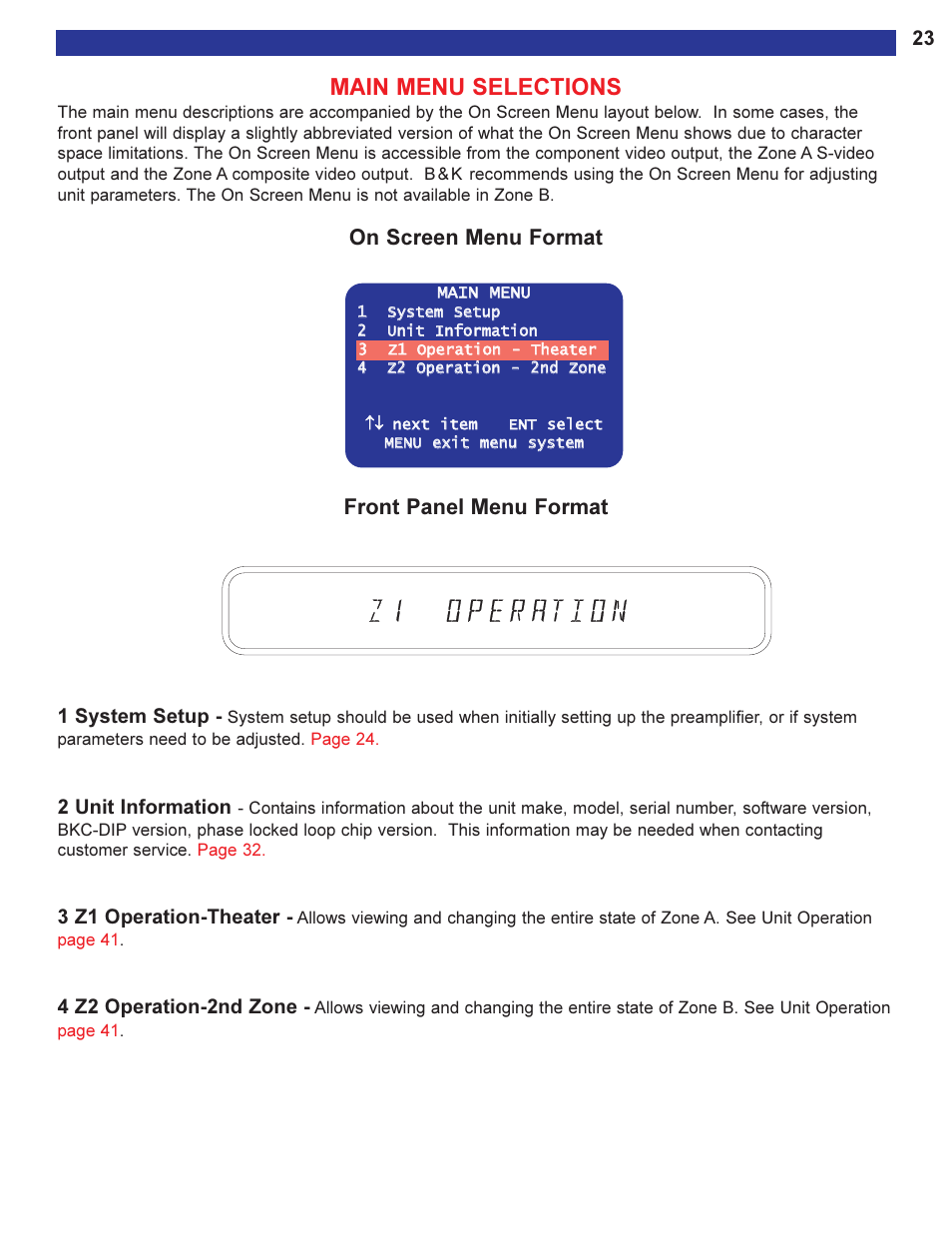 Main menu selections, On screen menu format front panel menu format, 1 system setup | 2 unit information, 3 z1 operation-theater, 4 z2 operation-2nd zone | B&K Series 2 User Manual | Page 25 / 64