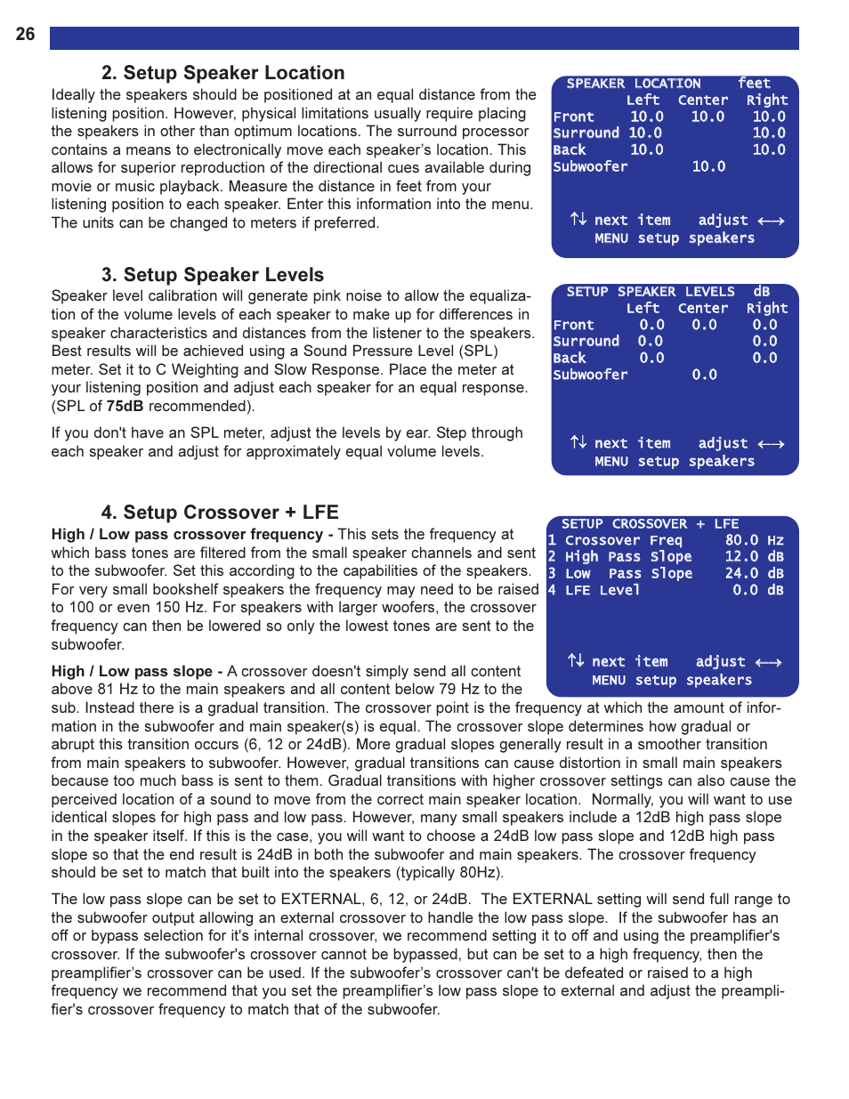 Setup speaker location, Setup speaker levels, Setup crossover + lfe | B&K Series 2 User Manual | Page 28 / 64