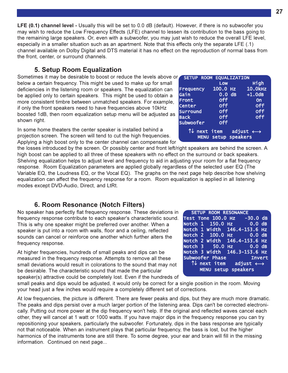 Setup room equalization, Room resonance (notch fil, Room resonance (notch filters) | B&K Series 2 User Manual | Page 29 / 64