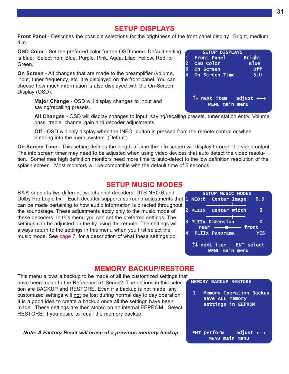 Setup displays, Setup music modes, Memory backup/restore | The display menu, see, Setup music modes see | B&K Series 2 User Manual | Page 33 / 64
