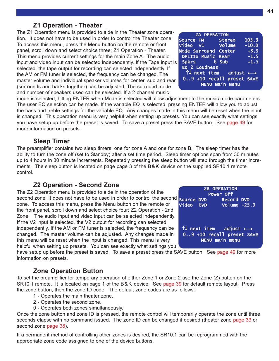 Z1 operation - theater, Sleep timer, Z2 operation - second zone | Zone operation button, 3 z1 operation-theater, 4 z2 operation-2nd zone | B&K Series 2 User Manual | Page 43 / 64