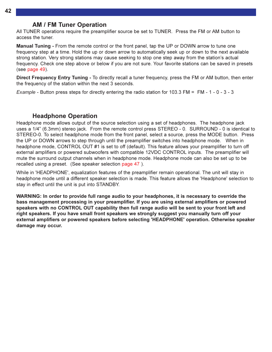 Am / fm tuner operation, Headphone operation | B&K Series 2 User Manual | Page 44 / 64