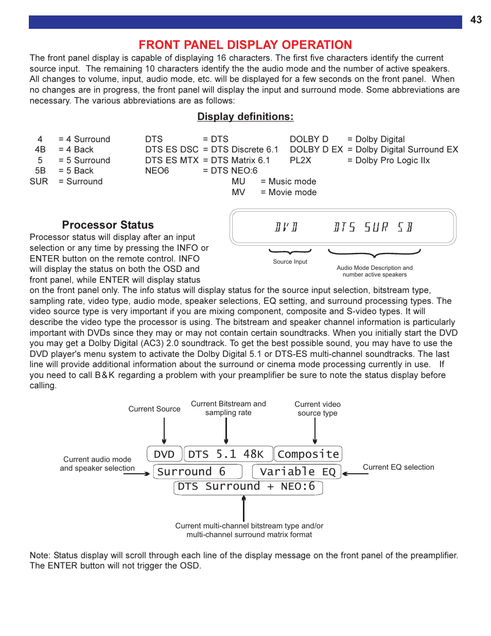Front panel display operation, Processor status | B&K Series 2 User Manual | Page 45 / 64