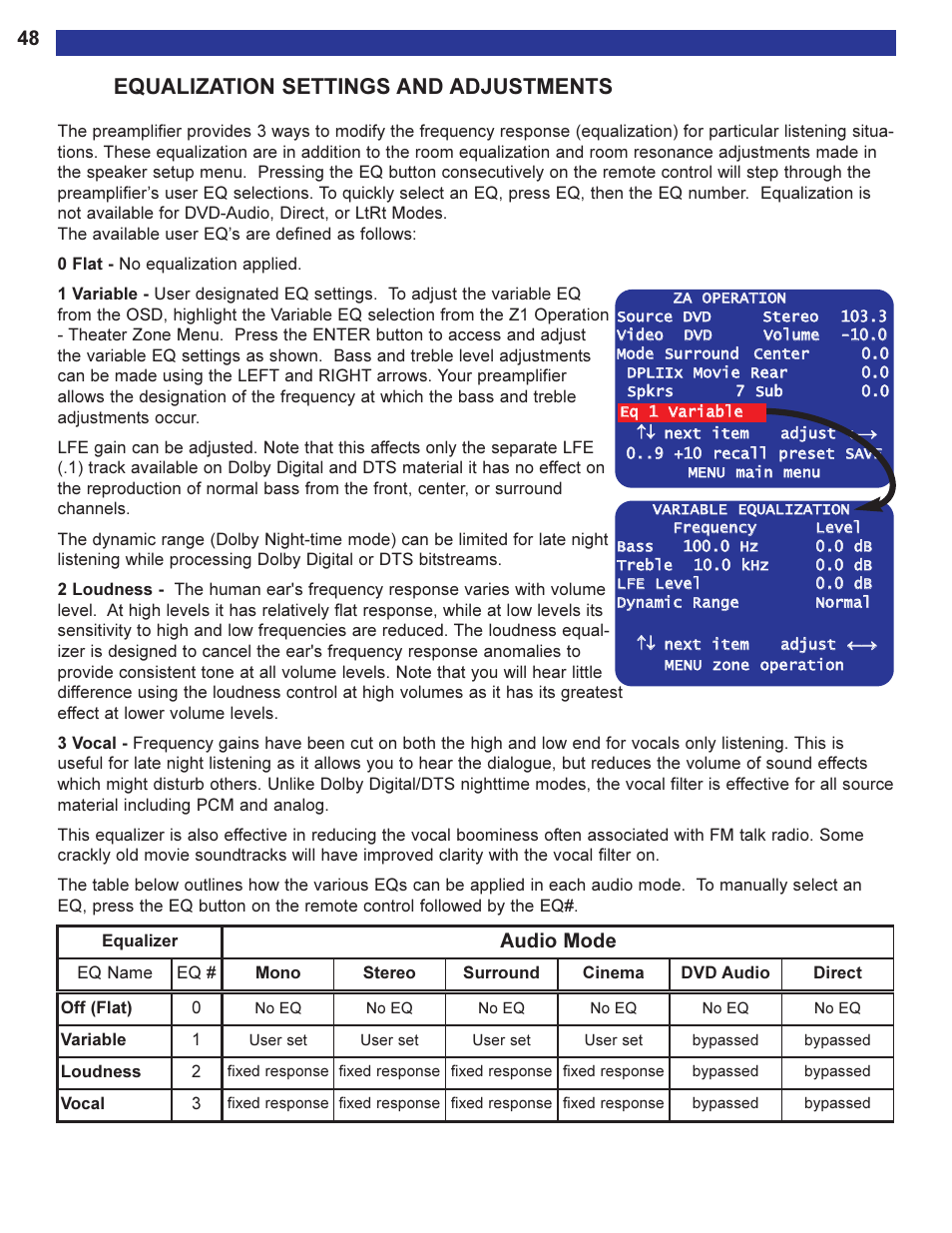 Equalization settings and ad, Equalization settings and adjustments, Audio mode | B&K Series 2 User Manual | Page 50 / 64