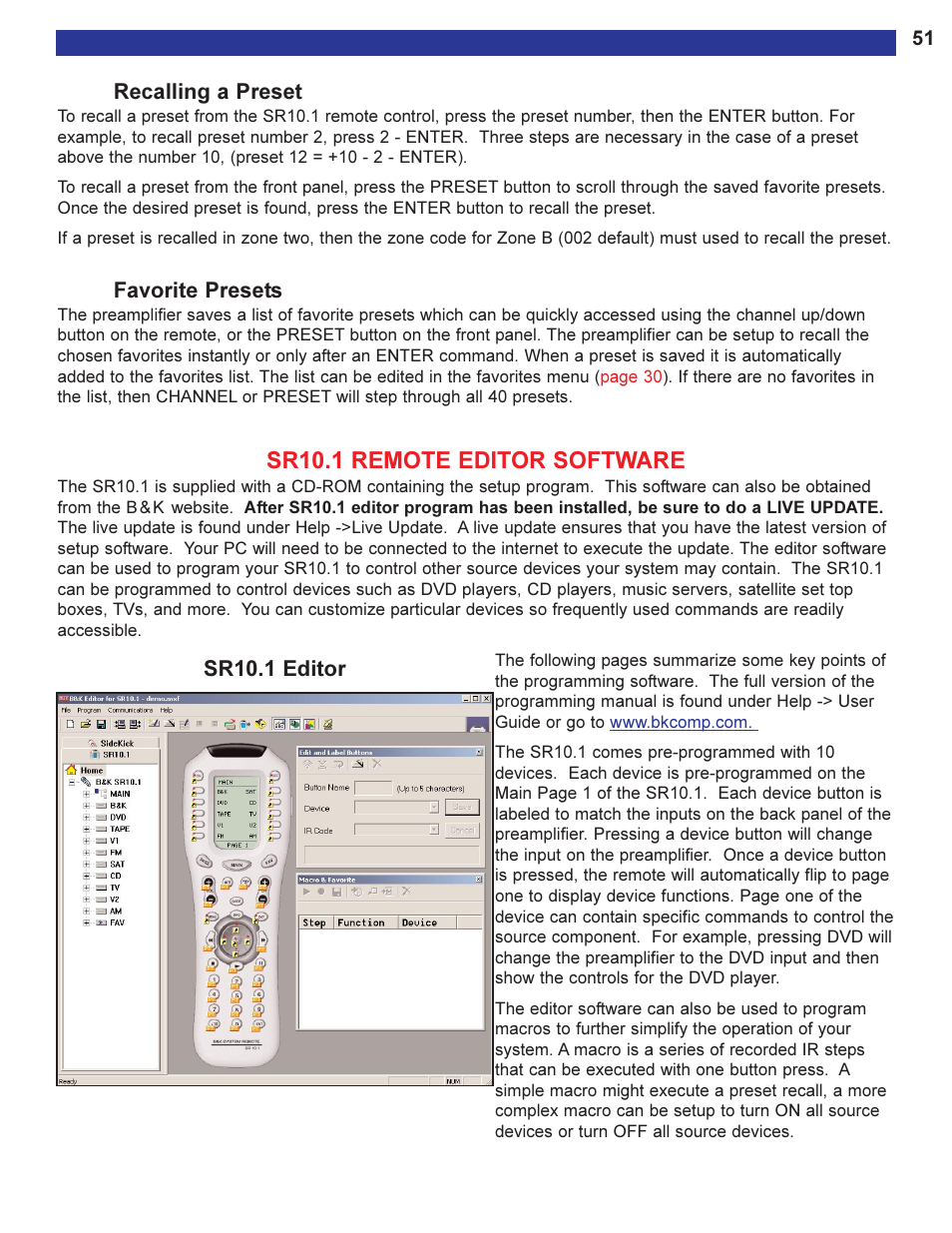 Recalling a preset, Favorite presets, Sr10.1 remote editor software | Tware from the b & k website, Ter the software has, For instructions on programming the sr10.1 see | B&K Series 2 User Manual | Page 53 / 64