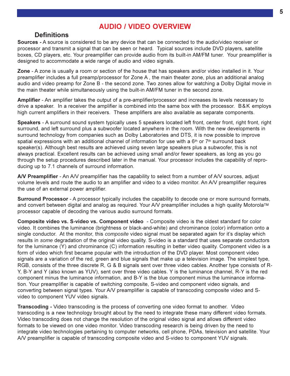 Audio / video overview, Definitions | B&K Series 2 User Manual | Page 7 / 64