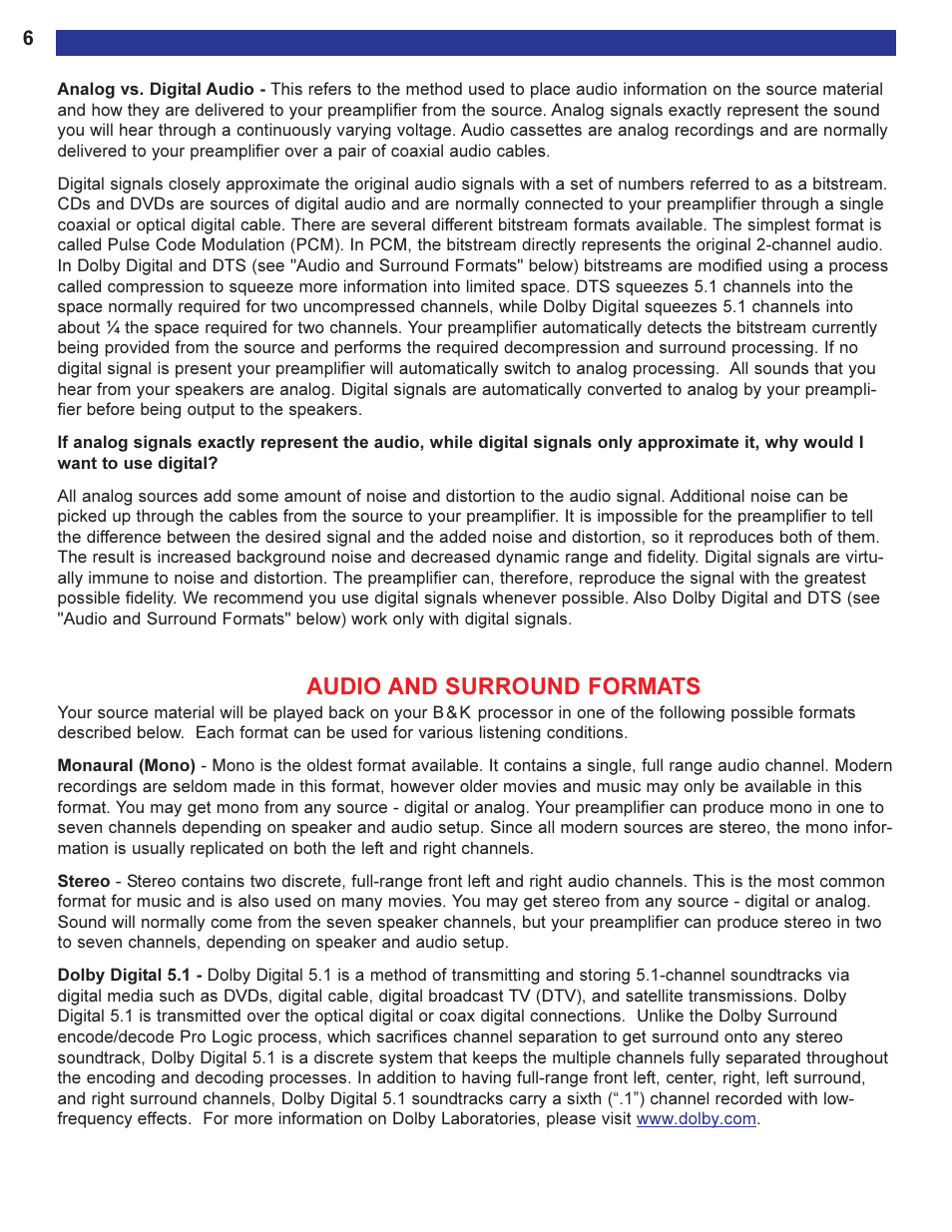Audio and surround formats | B&K Series 2 User Manual | Page 8 / 64
