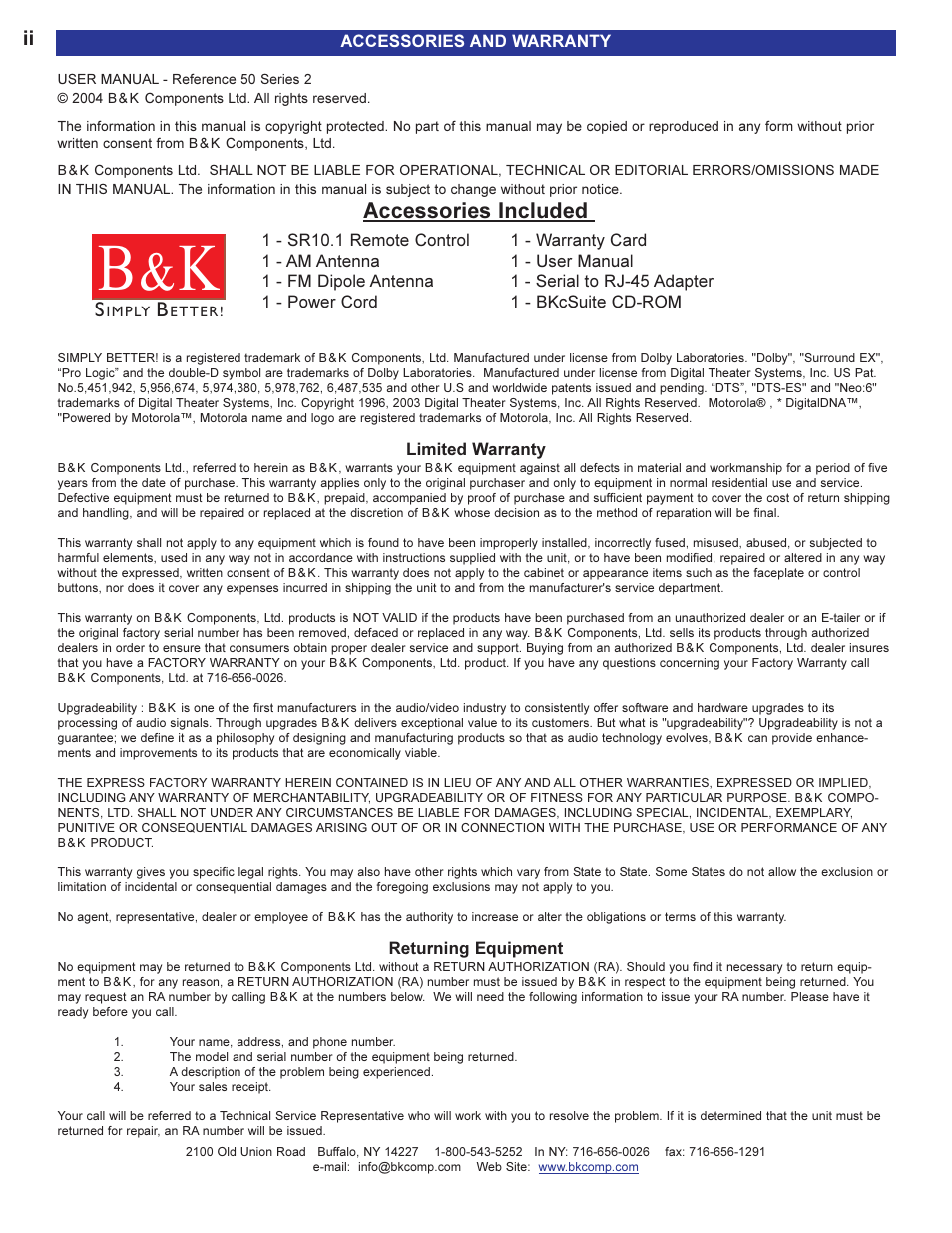 Accessories and limited warr, Accessories included | B&K 13790 1104 User Manual | Page 2 / 64