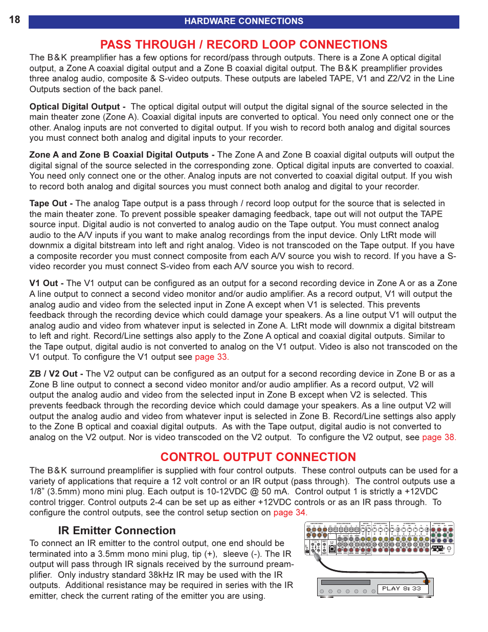 Pass through / record loop c, Control output connection, Ir emitter connection | Pass through / record loop connections, Hardware connections, 12vdc 50 ma | B&K 13790 1104 User Manual | Page 20 / 64