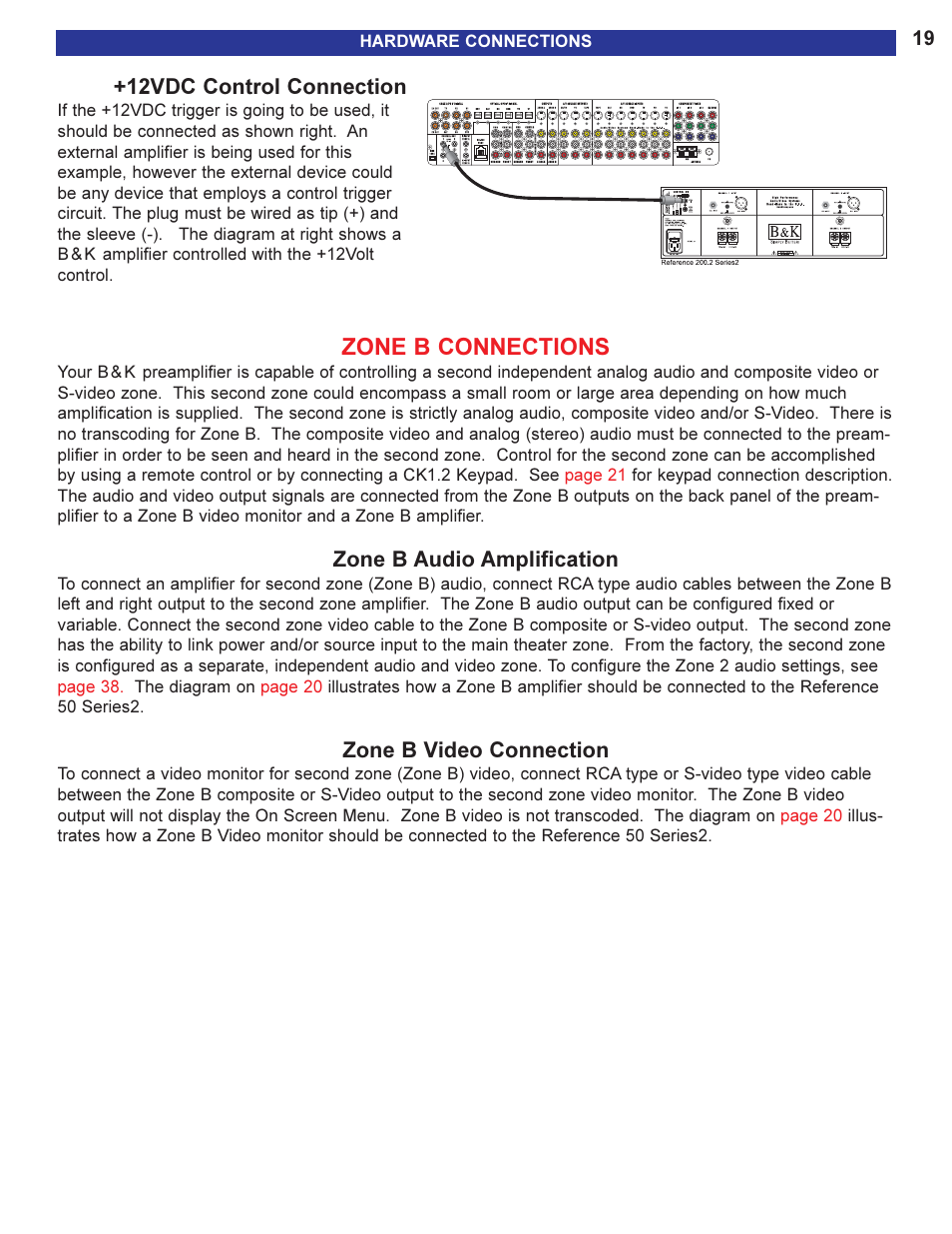 12vdc control connection, Zone b connections, Zone b audio amplification | Zone b video connection | B&K 13790 1104 User Manual | Page 21 / 64