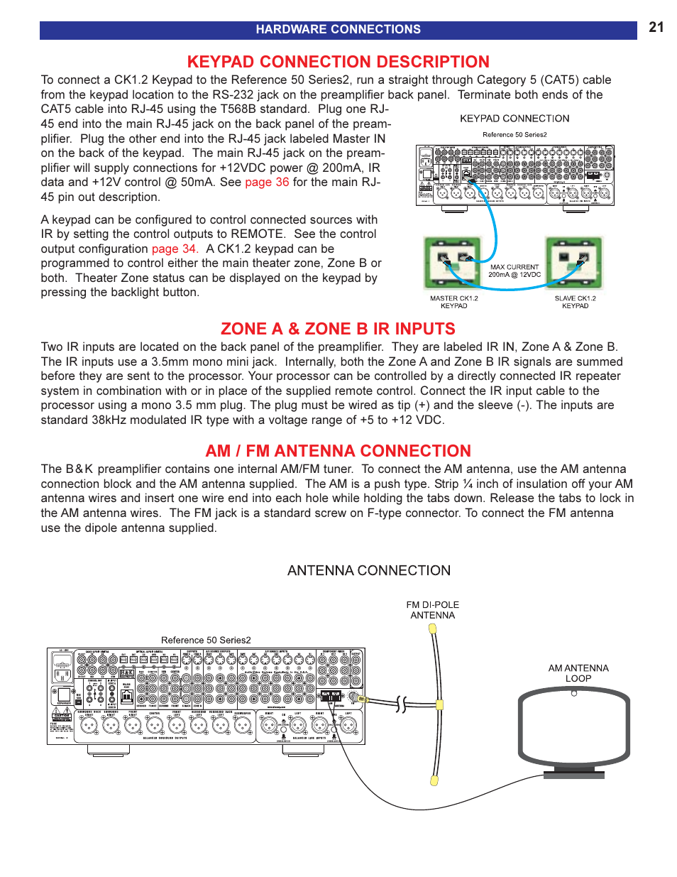 Keypad connection, Zone a & zone b ir connectio, Am / fm antenna connection | Zone a & zone b ir connections, Ad can also be connected to the rj-45 jack, Am and fm antennas, Ad. see, Keypad connection description, Zone a & zone b ir inputs | B&K 13790 1104 User Manual | Page 23 / 64