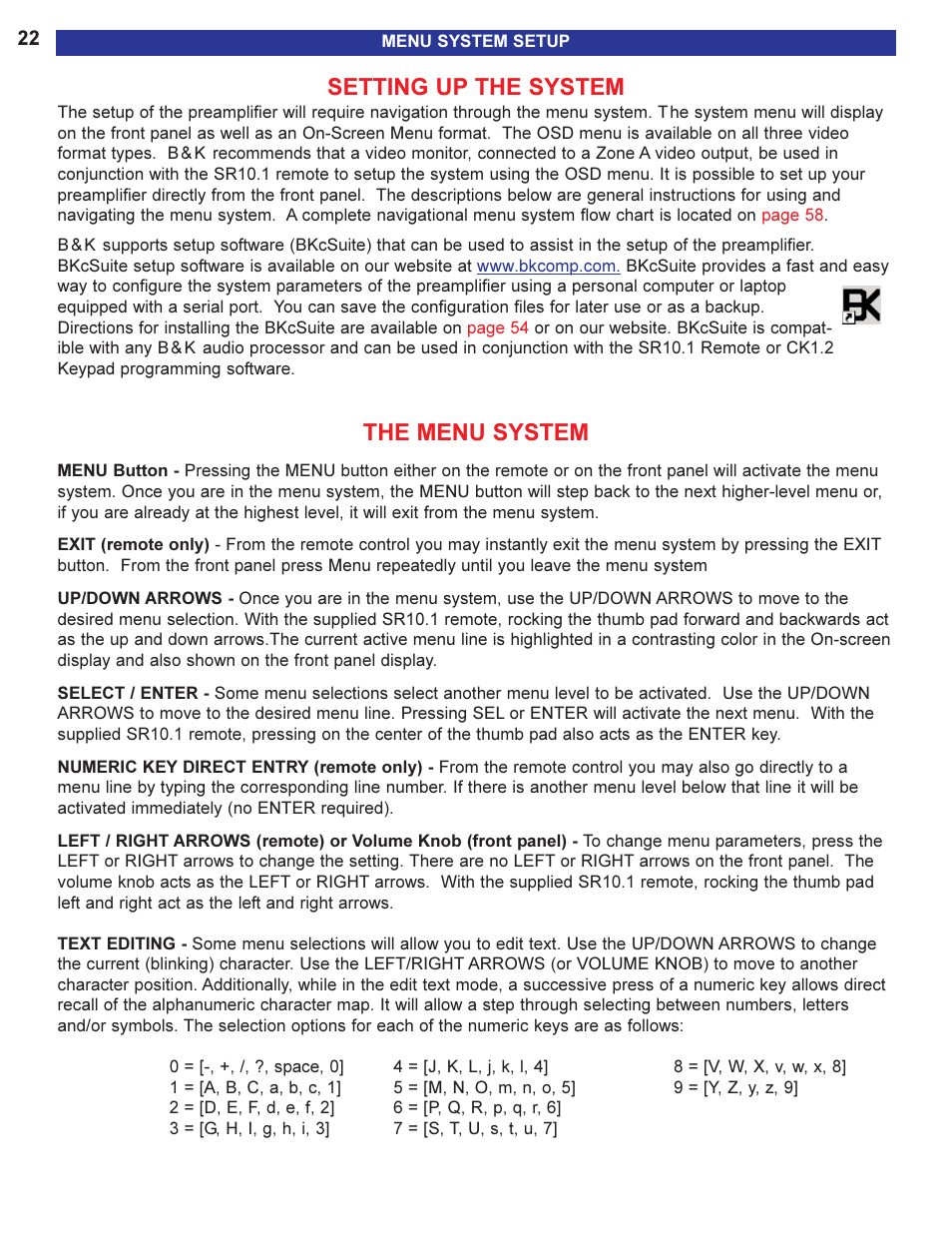 Setting up the system, The menu system | B&K 13790 1104 User Manual | Page 24 / 64